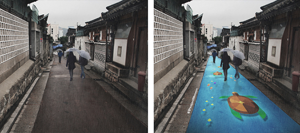 韓國旅行‧要行變色 ”落雨"路, ＂靠水＂才顯現圖案